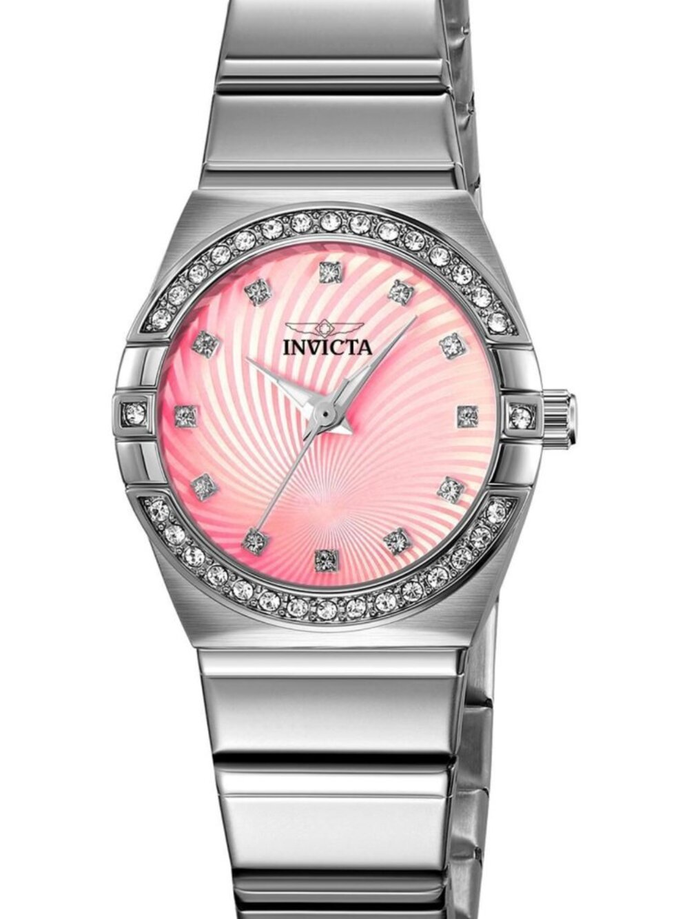 $199 Invicta Angel Womens 27.8mm Ice Bezel Pink Dial Silver Qrtz Watch 70264 NIB